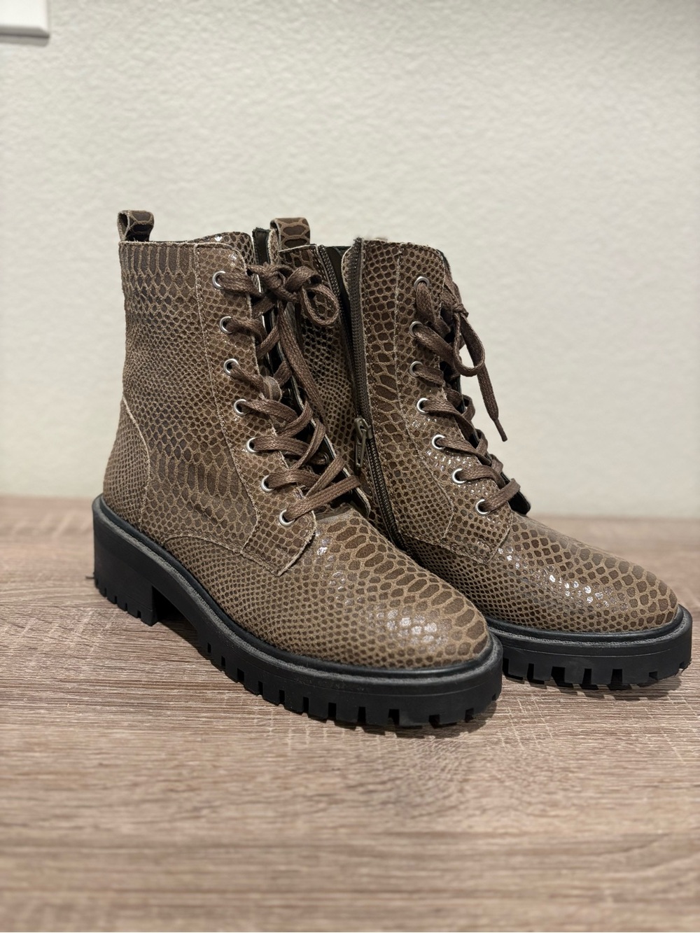 Crown Vintage Brown Snake-Print Combat Boots
